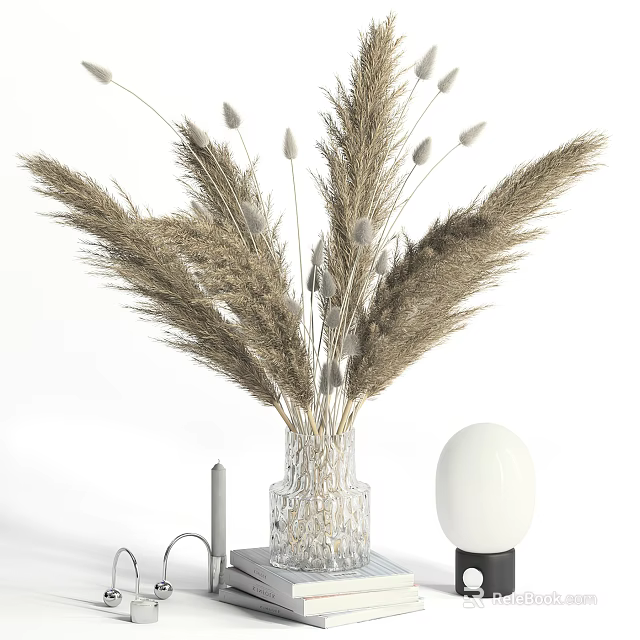 Crystal Glass Vase With Dried Pampas Grass And White Spherical Lamp For Home Decor 3d model 