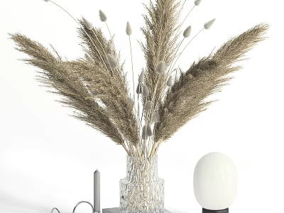 Crystal Glass Vase With Dried Pampas Grass And White Spherical Lamp For Home Decor 3d model