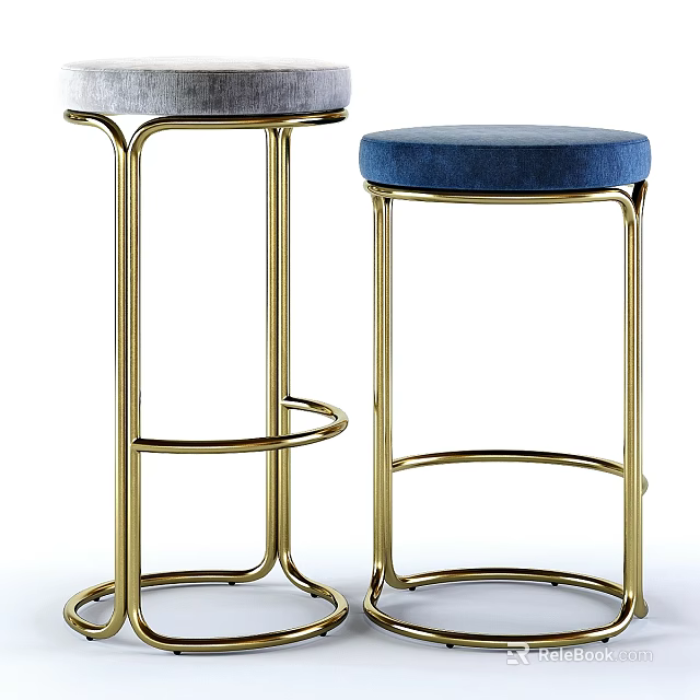 Modern Bar Stools With Gray Blue Velvet Seats And Gold Metal Frames 3d model 