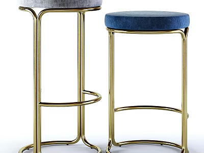 Modern Bar Stools With Gray Blue Velvet Seats And Gold Metal Frames 3d model