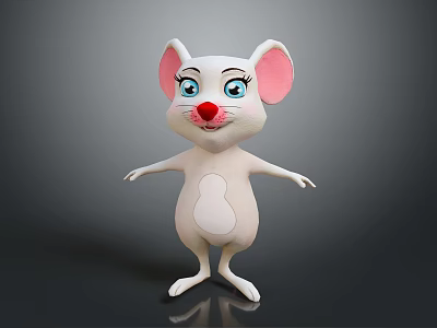 Cute 3D Cartoon Mouse Game Character With White Body Pink Ears Blue Eyes Red Nose 3d model