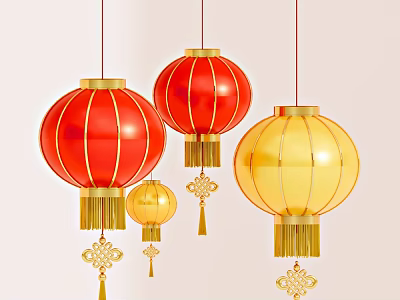 Traditional Red And Gold Lanterns With Tassels And Chinese Knots Hanging 3d model