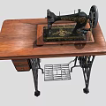 Vintage Sewing Machine On Wooden Table With Metal Frame And Storage Shelf