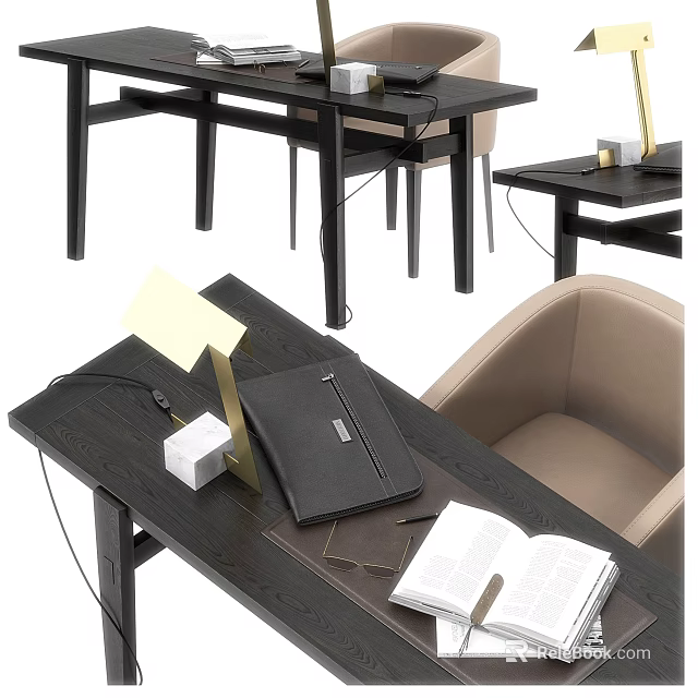 Dark Wood Desk Setup With Modern Lamp Leather Notebook Open Book And Beige Chair 3d model 