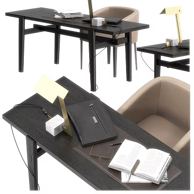 Dark Wood Desk Setup With Modern Lamp Leather Notebook Open Book And Beige Chair 3d model