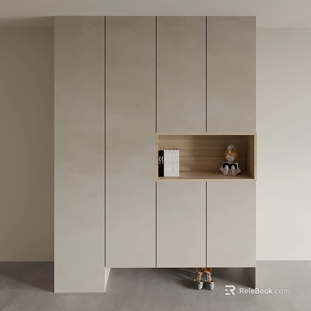 Modern Shoe Cabinet Design With Open Wooden Shelf And Storage Compartments 3d model 