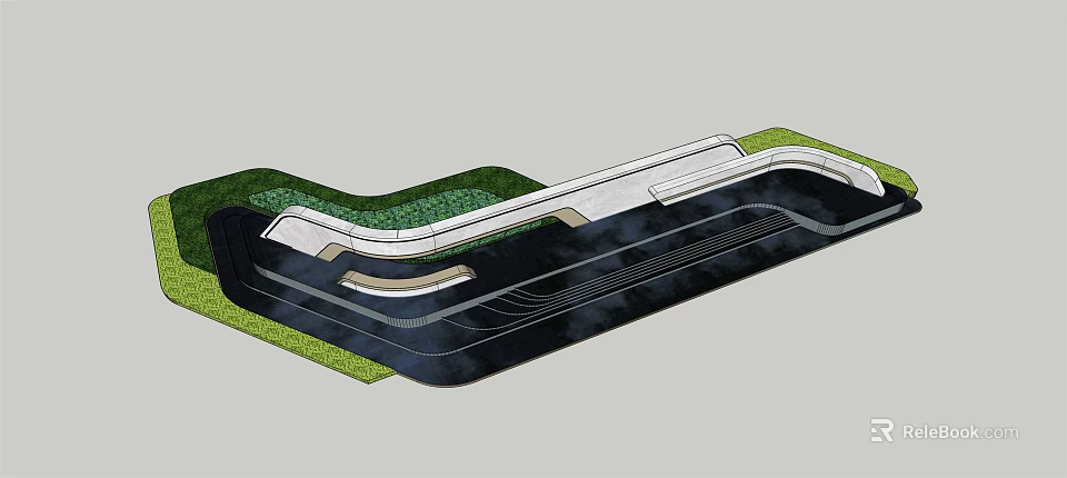 Modern Garden Ornament Design With Curved Lines Green Lawn And Black Paved Pathways 3d model 