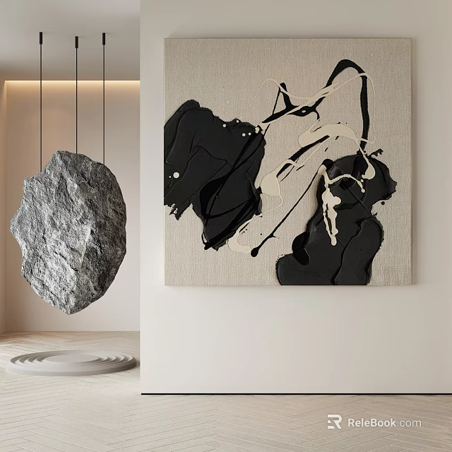 Abstract Painting With Black White Fluid Brushstrokes In Modern Interior Wall Decoration 3d model 