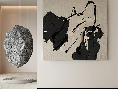 Abstract Painting With Black White Fluid Brushstrokes In Modern Interior Wall Decoration 3d model