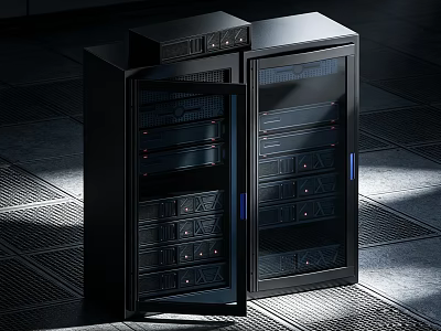 Industrial Equipment Black Server Cabinets With Open Door And Internal Devices Ventilation System 3d model