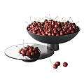 Black Ceramic Vessel Holding Fresh Cherries With Glass Plate And Scattered Fruits