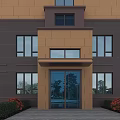 Modern Building Facade With Beige And Brown Exterior Large Windows And Glass Door Entrance