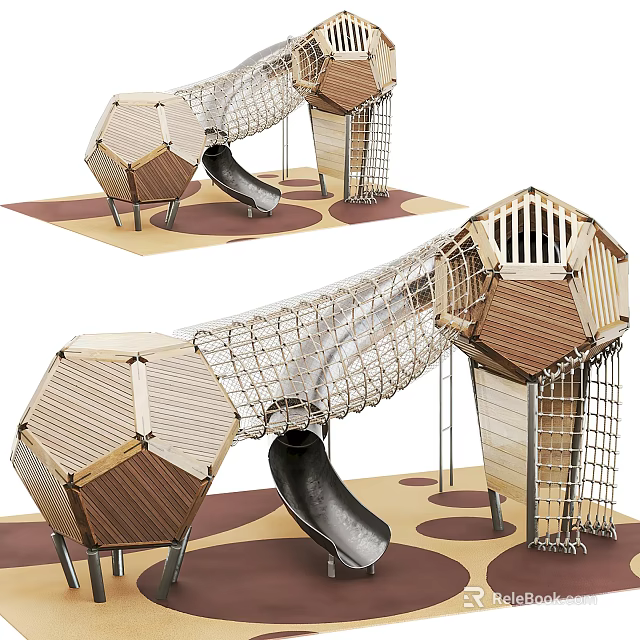 Outdoor Playground Road Facilities With Slide Net Structure And Wooden Elements 3d model