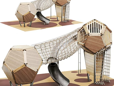 Outdoor Playground Road Facilities With Slide Net Structure And Wooden Elements 3d model