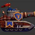 Cartoon Style Military Vehicle Tank With Red Flag Blue Top Golden Shield Barrels Flame Decorations