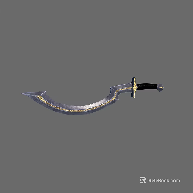Ornate Curved Sword With Golden Decorative Patterns And Black Handle 3d model 