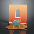 Dining Chair By Table Blue Tablecloth Plant Arched Window On Orange Yellow Gradient Wooden Floor