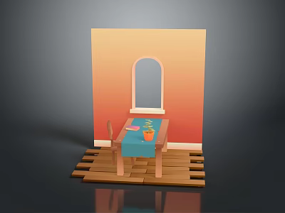 Dining Chair By Table Blue Tablecloth Plant Arched Window On Orange Yellow Gradient Wooden Floor 3d model