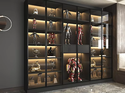 Modern Display Cabinet Shelf with Illuminated Collectible Models and Glass Doors 3d model