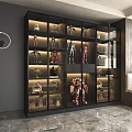 Modern Display Cabinet Shelf with Illuminated Collectible Models and Glass Doors