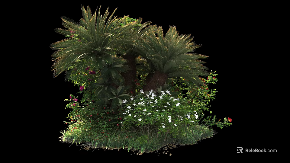 Lush Green Shrubs With White Flowers And Red Blooms In Garden Landscaping 3d model 
