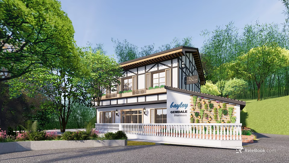 Rustic Guesthouse Building With Scenic Natural Surroundings Wooden Design And Balcony Railing 3d model 