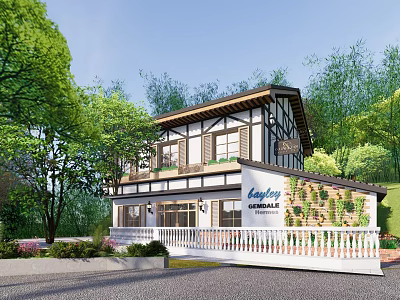 Rustic Guesthouse Building With Scenic Natural Surroundings Wooden Design And Balcony Railing 3d model