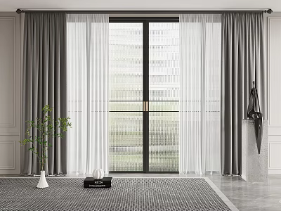 Modern Gray Fabric Curtains With White Sheer Panels On Large Window Interior With Plant Rug 3d model