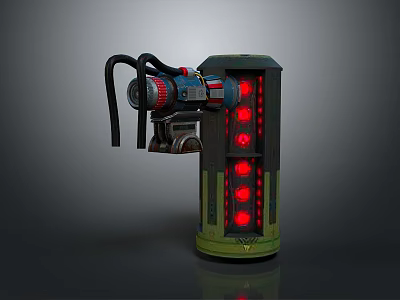 Green And Black Cylindrical Mechanical Device With Red Illuminated Lights And Pipes 3d model