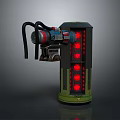 Green And Black Cylindrical Mechanical Device With Red Illuminated Lights And Pipes