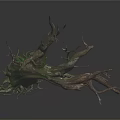 Wood and Stone Textured Dead Tree Trunk with Green Mossy Roots and Dry Branches 3d model