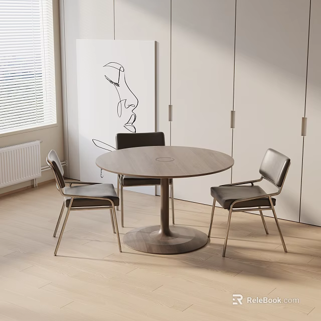 Modern Round Dining Table Set With Metal Frame Chairs And Minimalist Wall Art Painting 3d model 
