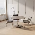 Modern Round Dining Table Set With Metal Frame Chairs And Minimalist Wall Art Painting