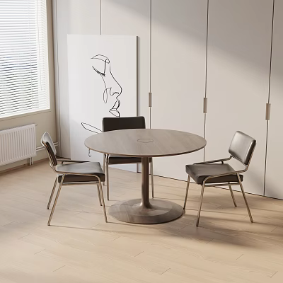 Modern Round Dining Table Set With Metal Frame Chairs And Minimalist Wall Art Painting 3d model
