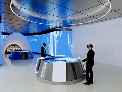 Modern Interactive Exhibition Space With VR Headsets And Round Display Tables 3d model
