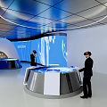 Modern Interactive Exhibition Space With VR Headsets And Round Display Tables