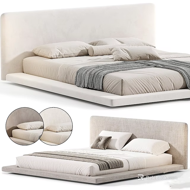 Minimalist Modern Bed With Upholstered Headboard Neutral Pillows And Knit Blanket 3d model 