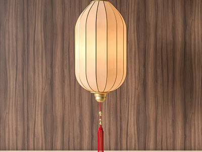 Traditional Chinese Lantern With Light Shade Golden Base And Red Tassel 3d model