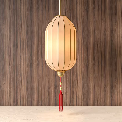 Traditional Chinese Lantern With Light Shade Golden Base And Red Tassel 3d model