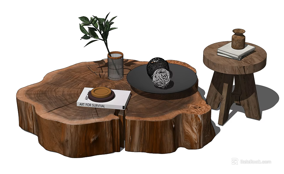 Natural Tree Stump Wooden Coffee Table with Green Plant Book Decorative Tray and Side Stool 3d model 