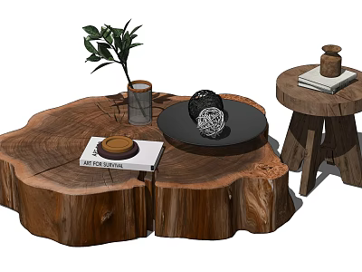 Natural Tree Stump Wooden Coffee Table with Green Plant Book Decorative Tray and Side Stool 3d model