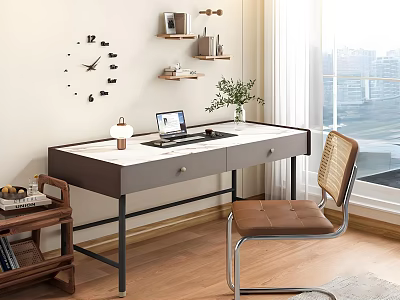 Modern Office Desk With Laptop Table Lamp Wall Shelves Clock Plant And Chair 3d model