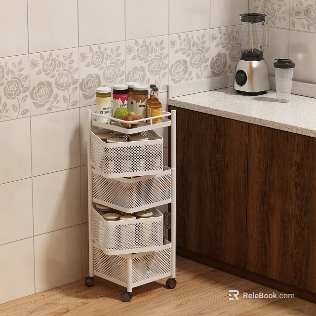 Multi Tiered White Kitchen Shelf With Spices Wall Tiles And Wooden Cabinets 3d model 