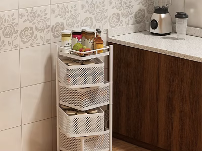 Multi Tiered White Kitchen Shelf With Spices Wall Tiles And Wooden Cabinets 3d model