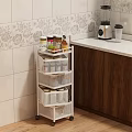 Multi Tiered White Kitchen Shelf With Spices Wall Tiles And Wooden Cabinets