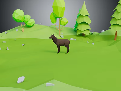 Cartoon Low Poly Landscape With Green Grass Trees And Deer On Hillside 3d model
