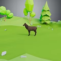 Cartoon Low Poly Landscape With Green Grass Trees And Deer On Hillside