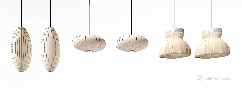 Modern Pendant Lights With Round Linen Shades And Pleated Design Details 3d model 