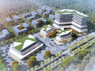 Modern Commercial Complex With Green Roofs Multi storey Buildings And Trees Around Open Spaces 3d model