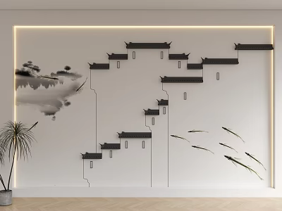 Chinese Style Sofa Background Wall With Ink Art Architecture And Fish 3d model